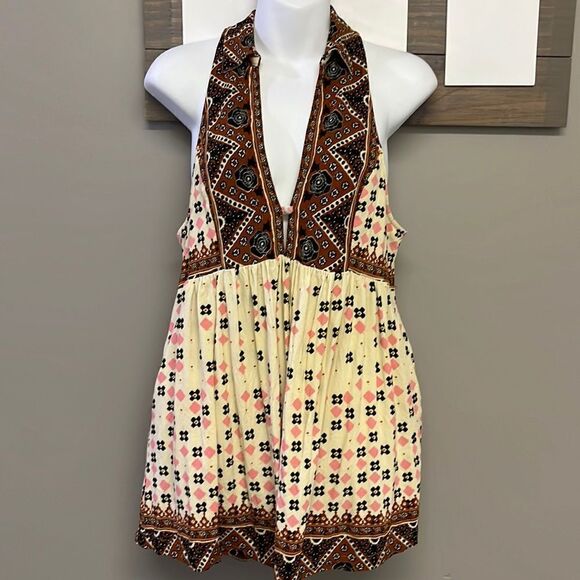 Free People Sleeveless Collared Boho Flowy Key Hole Tank V-Neck Tunic- Medium - Picture 1 of 12